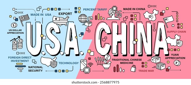 United states of america vs China . Word and outline icon on solid color background . Competition and Conflict of both country . Vector . Editable stroke .