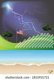United States of America war grave headstones on a foreign shoreline set against a dramatic thunderstorm sky