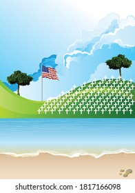 United States of America war grave headstones on a foreign shoreline set against a blue cloudy sky