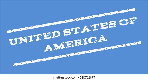 United States Of America watermark stamp. Text tag between parallel lines with grunge design style. Rubber seal stamp with unclean texture. Vector white color ink imprint on a blue background.