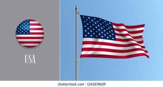 United states of America waving flag on flagpole and round icon vector illustration. Realistic 3d mockup of USA flag and circle button 