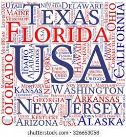 United States of America word cloud on a white background.