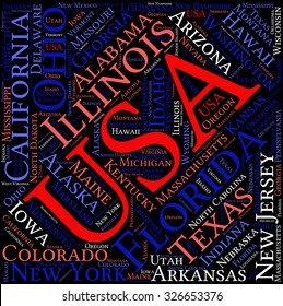 United States of America word cloud on a black background.