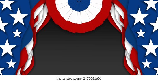 United States american cockade,  flag USA patriotic banner, background, web, greeting card, poster, holiday cover, label, flyer, layout. Patriotic Social media print for presentation, information