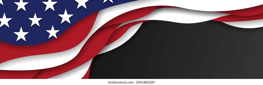 United States american flag USA patriotic papercut banner black background, web, greeting card, poster, holiday cover, label, flyer, layout. Social media print