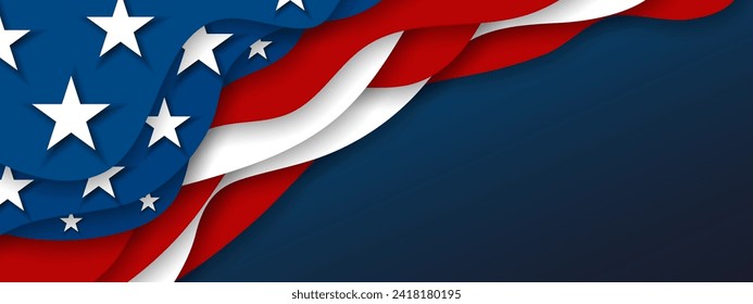 US-amerikanische Flagge USA patriotische Papier-Banner, Hintergrund, Web, Grußkarte, Poster, Urlaubskleidung, Etikett, Flyer, Layout. Patriotische Social Media Print für Präsentation, Information.