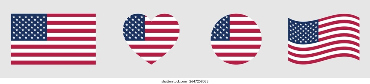 United States American flags set in square, heart, circle and waving formats designs element. American flags collection. Set of USA flags icons isolated on gray background. Vector illustration.