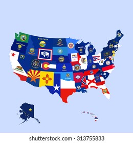 United States of America,USA map with flags of all states. Vector EPS8