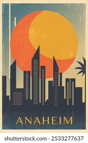 Estados Unidos, Anaheim cartel de ciudad retro con Formas abstractas de horizonte, edificios. Estados Unidos Estado de California, Ilustración vectorial de viaje vintage, paisaje urbano al amanecer, puesta del sol