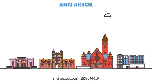 United States, Ann Arbor line cityscape, flat vector. Travel city landmark, oultine illustration, line world icons