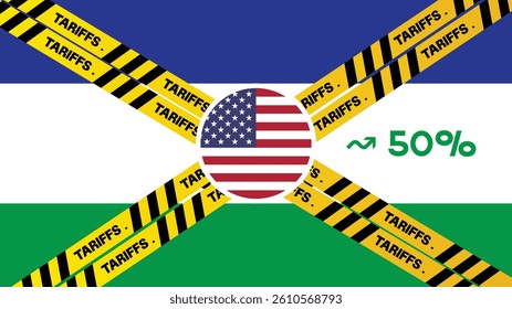 United States applied tariffs on multiple countries, containers painted with flag and yellow warning lines in front backdrop. Tariffs, taxes, import tariff concept, china, canada, India,Lesotho