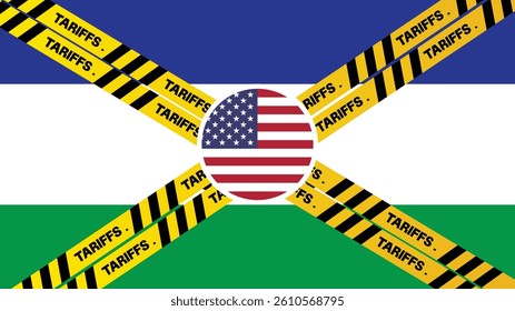United States applied tariffs on multiple countries, containers painted with flag and yellow warning lines in front backdrop. Tariffs, taxes, import tariff concept, china, canada, India,Lesotho