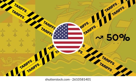 United States applied tariffs on multiple countries, containers painted with flag and yellow warning lines in front backdrop. Tariffs, taxes, import tariff concept, china, canada, India,Saint Pierre