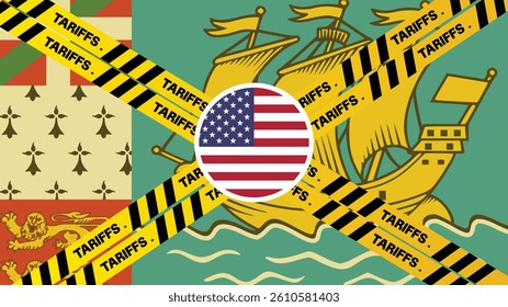United States applied tariffs on multiple countries, containers painted with flag and yellow warning lines in front backdrop. Tariffs, taxes, import tariff concept, china, canada, India,Saint Pierre