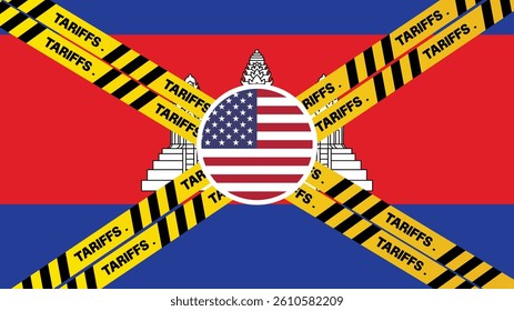 United States applied tariffs on multiple countries, containers painted with flag and yellow warning lines in front backdrop. Tariffs, taxes, import tariff concept, china, canada,Cambodia