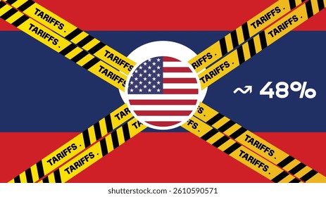 United States applied tariffs on multiple countries, containers painted with flag and yellow warning lines in front backdrop. Tariffs, taxes, import tariff concept, china, canada,Laos