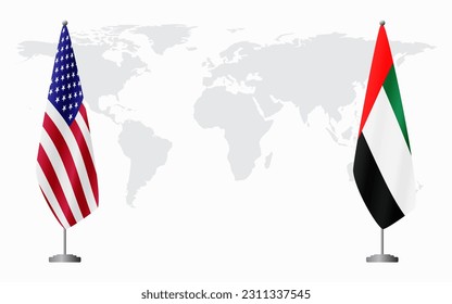 United States and United Arab Emirates flags for official meeting against background of world map.