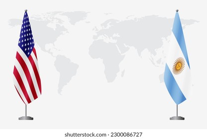 United States and Argentina flags for official meeting against background of world map.