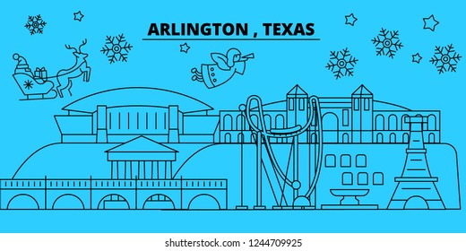 United States, Arlington winter holidays skyline. Merry Christmas, Happy New Year decorated banner with Santa Claus.United States, Arlington linear christmas city vector flat illustration