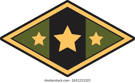 Insígnia do posto de tenente-coronel do Exército dos Estados Unidos exibindo três estrelas em forma de diamante com um fundo preto, listras verticais verde-oliva dentro de uma borda de ouro
