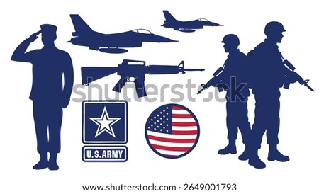 United States Army vector collection featuring American flag badge, U.S. Army logo, soldier, jet fighter, and firearms.Vector illustration
