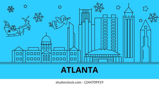 United States, Atlanta city winter holidays skyline. Merry Christmas, Happy New Year decorated banner with Santa Claus.United States, Atlanta city linear christmas city vector flat illustration