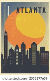 Estados Unidos, cartel de ciudad retro de Atlanta con Formas abstractas de horizonte, edificios. Estado de Georgia, Ilustración vectorial de viaje vintage, paisaje urbano al amanecer, puesta del sol