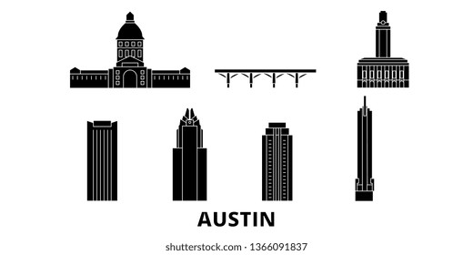 United States, Austin flat travel skyline set. United States, Austin black city vector panorama, illustration, travel sights, landmarks, streets.