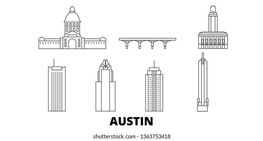 Vereinigte Staaten, Austin Line-Travel Skyline Set. Die Vereinigten Staaten, Austin Umrisslinie Stadtvektorgrafik, Symbol, Reiseziele, Wahrzeichen.