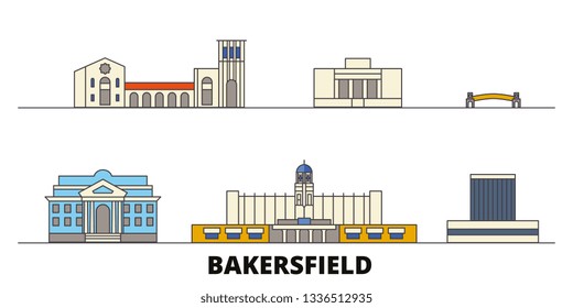 United States, Bakersfield flat landmarks vector illustration. United States, Bakersfield line city with famous travel sights, skyline, design. 