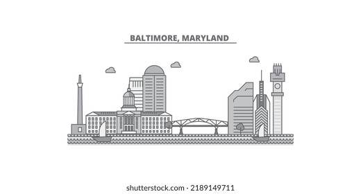 United States, Baltimore city skyline isolated vector illustration, icons