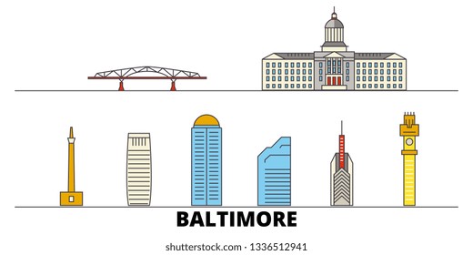 United States, Baltimore flat landmarks vector illustration. United States, Baltimore line city with famous travel sights, skyline, design. 