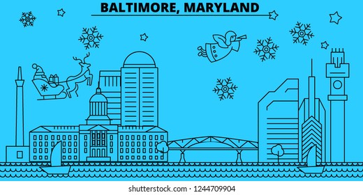 United States, Baltimore winter holidays skyline. Merry Christmas, Happy New Year decorated banner with Santa Claus.United States, Baltimore linear christmas city vector flat illustration