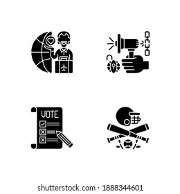 United States Black Glyph Icons Set On White Space. Melting Pot. Speech Freedom. Voting Ballot. Baseball. Salad Bowl And Kaleidoscope. Human Rights. Silhouette Symbols. Vector Isolated Illustration
