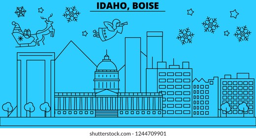 United States, Boise winter holidays skyline. Merry Christmas, Happy New Year decorated banner with Santa Claus.United States, Boise linear christmas city vector flat illustration