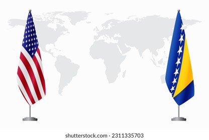 United States and Bosnia and Herzegovina flags for official meeting against background of world map.