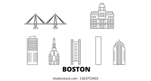 United States, Boston City Line Travel Skyline Set. United States, Boston City Outline City Vector Illustration, Symbol, Travel Sights, Landmarks.