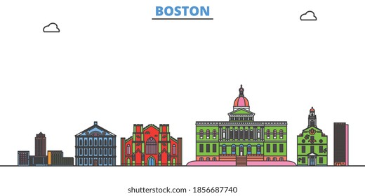 United States, Boston line cityscape, flat vector. Travel city landmark, oultine illustration, line world icons