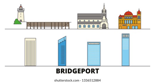 United States, Bridgeport flat landmarks vector illustration. United States, Bridgeport line city with famous travel sights, skyline, design. 