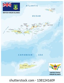 united states and british virgin islands vector map with flags