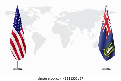 United States and British Virgin Islands flags for official meeting against background of world map.