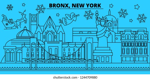 United States, Bronx winter holidays skyline. Merry Christmas, Happy New Year decorated banner with Santa Claus.United States, Bronx linear christmas city vector flat illustration