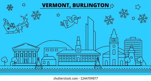 United States, Burlington winter holidays skyline. Merry Christmas, Happy New Year decorated banner with Santa Claus.United States, Burlington linear christmas city vector flat illustration