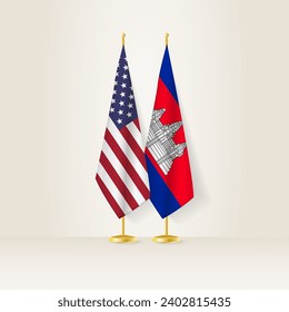 United States and Cambodia national flag on a light background. Vector illustration.