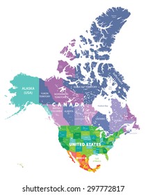 United States, Canada and Mexico states vector high detailed colored map