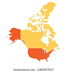 United States and Canada political map of administrative divisions. Colorful vector map with labels.