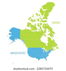 United States and Canada political map of administrative divisions. Colorful vector map with labels.