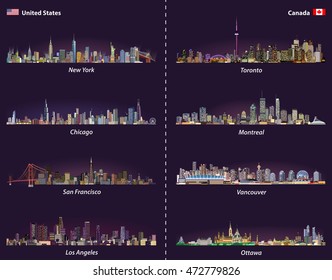 United States and Canadian city skylines at night vector set