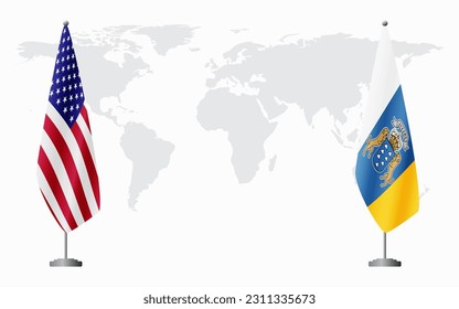 United States and Canary Islands flags for official meeting against background of world map.