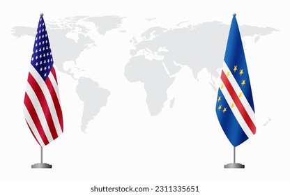 United States and Cape Verde flags for official meeting against background of world map.